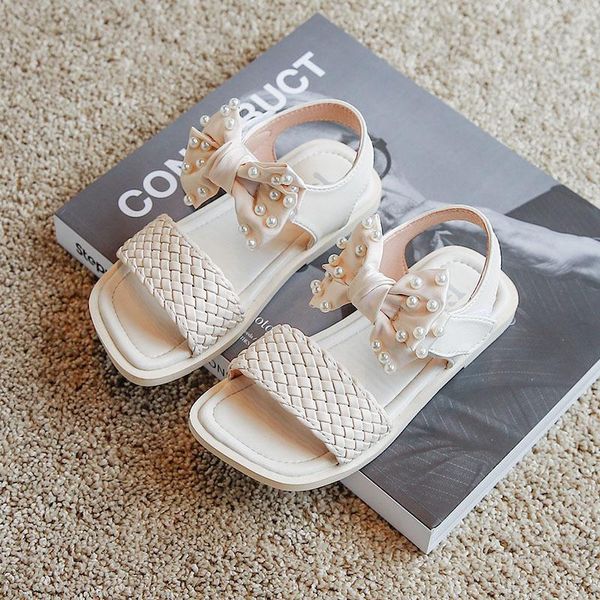 

sandals children summer 2021 girls pearl bow princess shoes toe beach for kids, Black;red