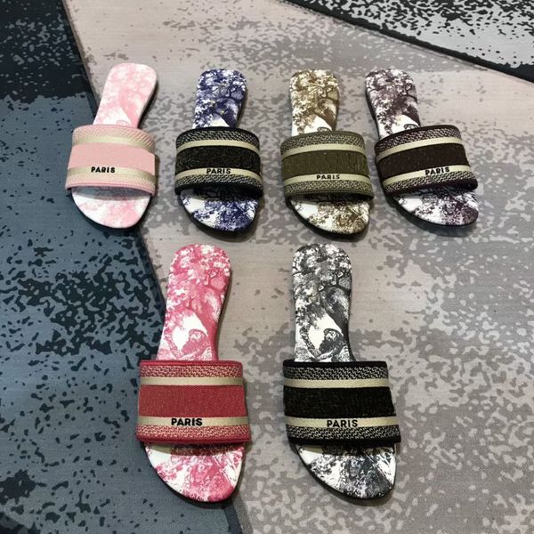 

2021 women dway slide designer flat slipper multicolor embroidered cotton leather printed insole fashion summer beach flip flops 49 colors w, Black