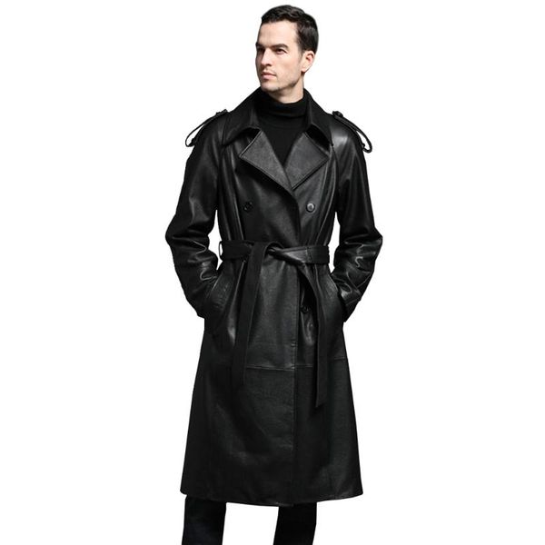 

men's leather & faux fashion suit collar genuine goat skin jacket spring men formal brown long overcoat, Black