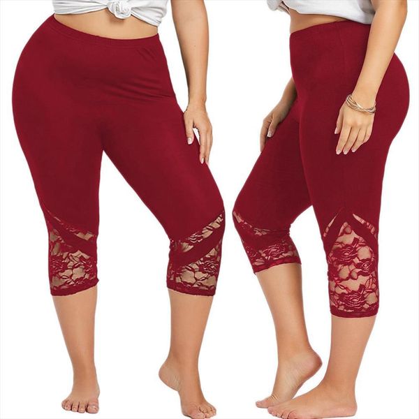 

tight elastic quick drying pants women leggings seven point high waist lace skinny plus size red t3g, Black