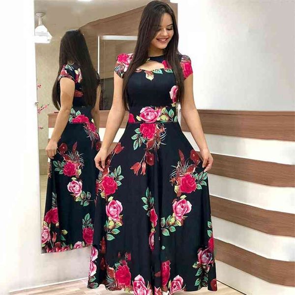 

plus size women dress summer casual bohemia flower print maxi dresses ladies o neck short sleeve hollow out tunic dress vestidos 210331, Black;gray
