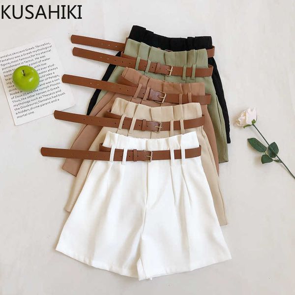 

spring summer korean solid shorts belt high waist women bottoms elegant causal wide leg short feminimos 6f236 210603, Black;white