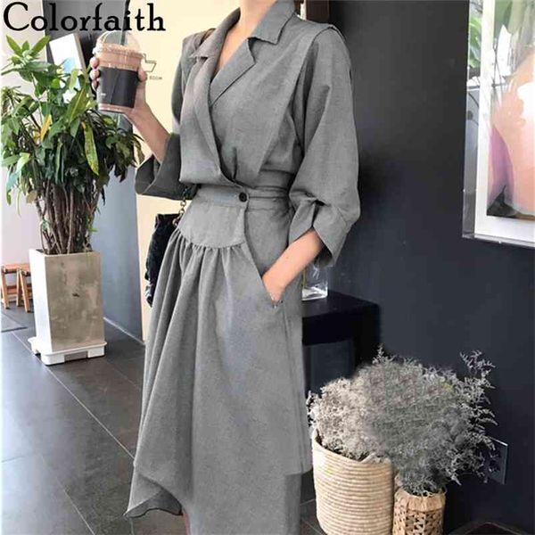 

colorfaith new spring autumn women dresses fashionable notched high waist checkered irregular three quarter dress dr0787 210331, Black;gray
