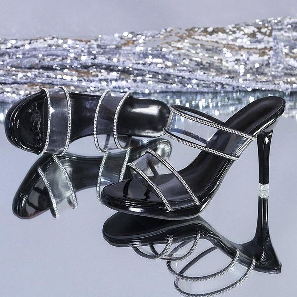 

slippers female summer fashion 2021 shoes women slides rhinestone high heels transparent shallow ladies casual, Black