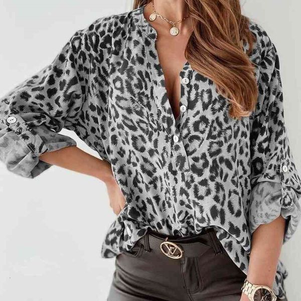 

women's knits & tees women spring leopard print shirt blouse casual stand collar long sleeve female single-breasted office la, White