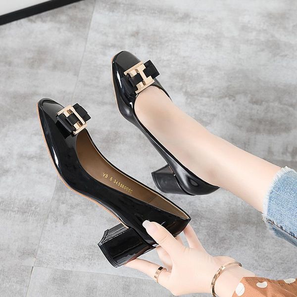 

dress shoes women pumps england style spring/autumn 2021 square thick high heels single metal button ol office mothers day gift, Black