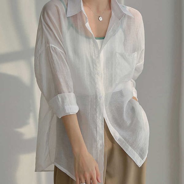 Yaz Kadın Güneş Koruma Gömlek Güneş Hırka Moda Beyaz Anti UV Şeffaf Işık Ceket Yaka Bluz Kadın 210527 Tops