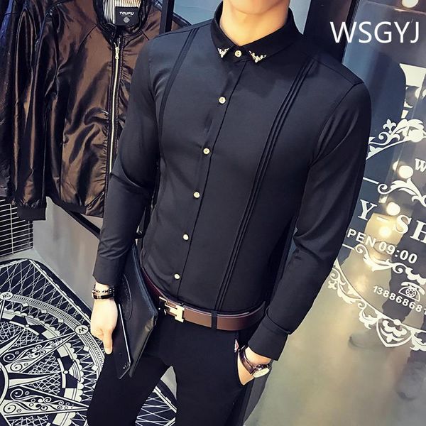 

brand men's formal shirt korean slim fit tuxedo shirts male long sleeve red black white casual camisa masculina dress, White;black