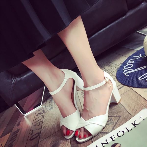 

sandals peep toe high-heeled modern 2021 summer one word buckle square heel hollow out women's high heels white shoes rubber sol, Black