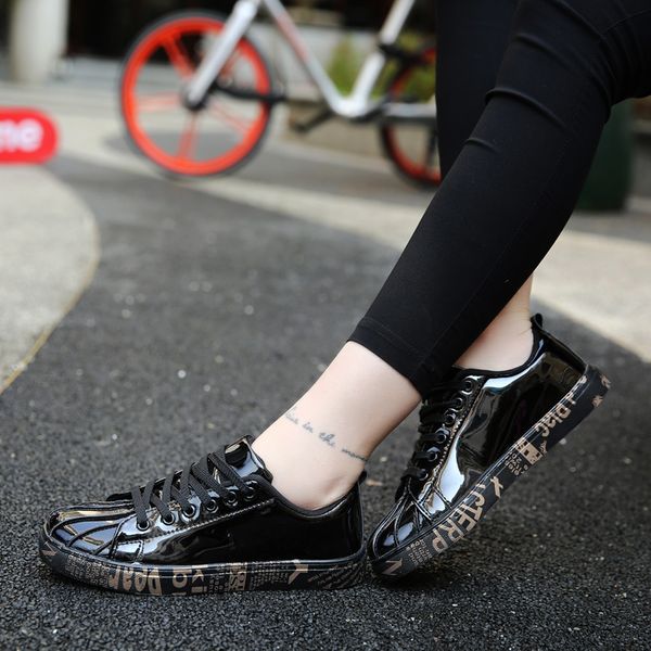 

fashion women men casual running shoes students outdoor sports sneakers patent leather glossy black golden silver size 36-46 code 54-558