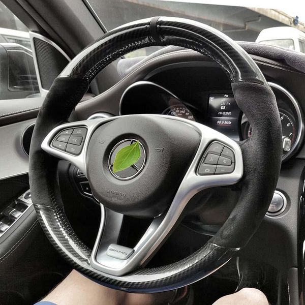 

steering wheel covers carbon fiber&black suede leather red marker cover hand sewing wrap for - a-class w177 2021-2021