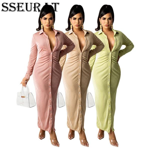 

casual dresses sseurat women long dress solid full sleeve turn-down collar single breasted skinny office lady vestidos autumn, Black;gray