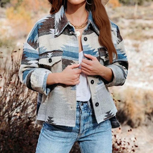 

women's jackets vintage jacket women splicing loose denim print aztec retro ethnic style long sleeved shirt streetwear female goth coat, Black;brown