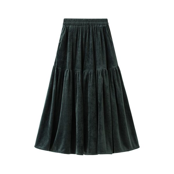 

skirts winter thick veet patchwork a-line ffy with side pockets autumn flared pleated corduroy calf long skirts, Black