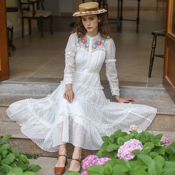 

casual dresses women white summer elegant slim french cottagecore mori girls flower embroidery ruffled chiffon polka dot fivo, Black;gray