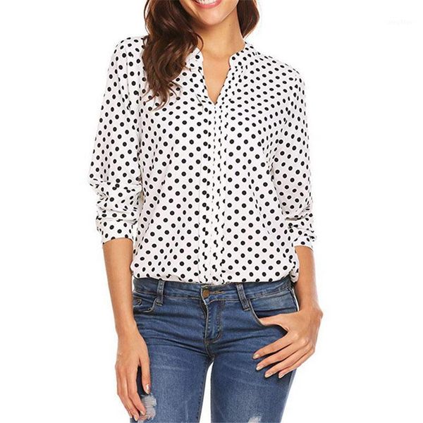 

women's blouses & shirts summer polka dot women clothes v-neck long sleeve shirt plus size for femme office blouse, White