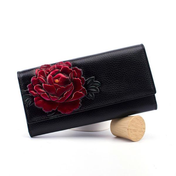 

wallets 100% cow leather women purse floral genuine long female coin, Red;black