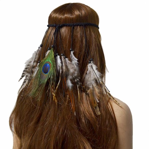 

hair clips & barrettes boho india handmade peacock feather headband ethnic gypsy ball rope hippie hairband adjustable halloween clip jewelry, Golden;silver