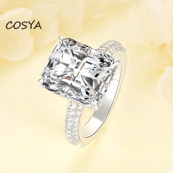 

cluster rings cosya 100% 925 sterling silver 10*12mm rectangle high carbon diamond sparkle for women wedding party fine jewelry gift, Golden;silver