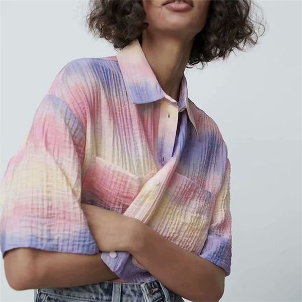 

women summer fashion short casual shirts ladies sleeve single breasted tie dye drape blouse blusas bb1181 210513, White