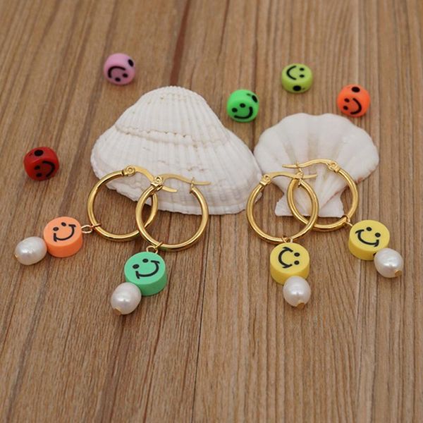 

hoop & huggie aomu 2021 fashion bohemian geometric colorful round soft pottery pearl drop metal earrings for women girls jewelry, Golden;silver