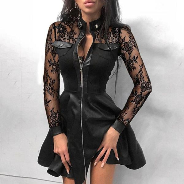 

ladies lace stitching long-sleeved dress fashionable and comfortable mesh zipper chain design leather f-c casual dresses, Black;gray