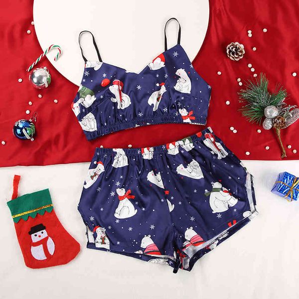 HECHAN Sexy Weihnachten Pyjamas Frauen Niedlichen Bären Muster Satin Spaghetti Strap Shorts Weibliche Ärmellose Nachtwäsche Urlaub Set Drucken 210330