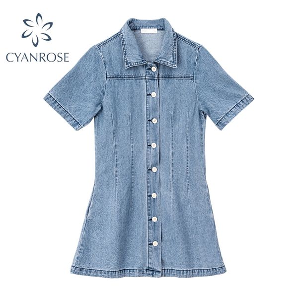 

summer denim crop dress women short sleeve single breasted rok frocks high waist slim elegant tide party club jean dresses 210430, Black;gray