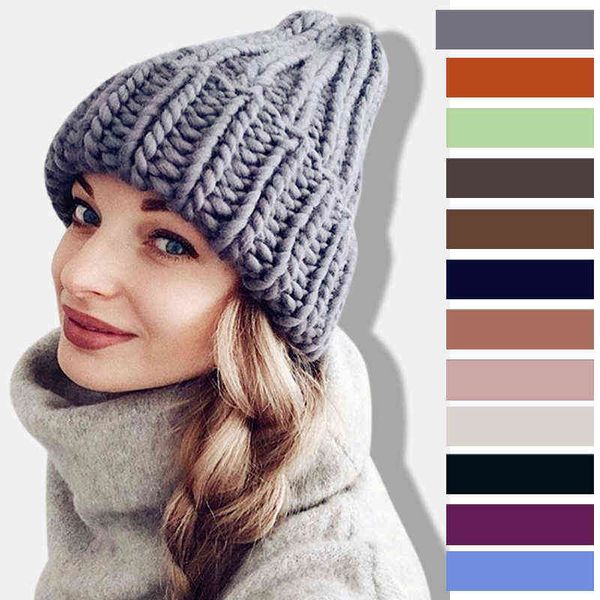 

fashion coarse wool cap women's winter hats knitted cap warming comfortable cute casual skullies beanies wool hat y21111, Blue;gray