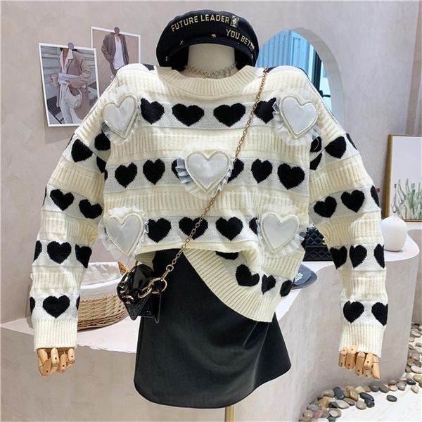 

women's sweaters clothing 2021 autumn round neck and net yarn nail drill love all-match loose long-sleeved casual sweater, White;black