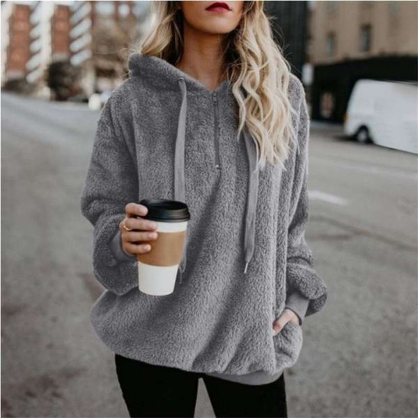 

winter women sherpa hoodies oversized fleece hooded pullover loose fluffy coat warm streetwear hoodies 210928, Black