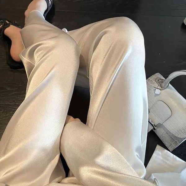 

acetate fabric fluid trousers loose high waist wide leg pants chic korean streetwear white solid summer thin cold satin, Black;white