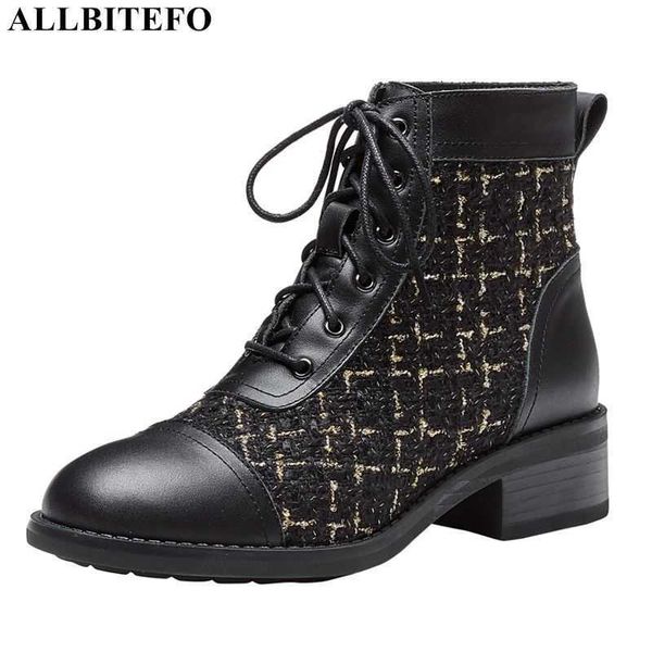 AllBiteBo marca couro genuíno + pano grosso saltos mulheres botas de inverno sapatos de salto alto tornozelo para 210611