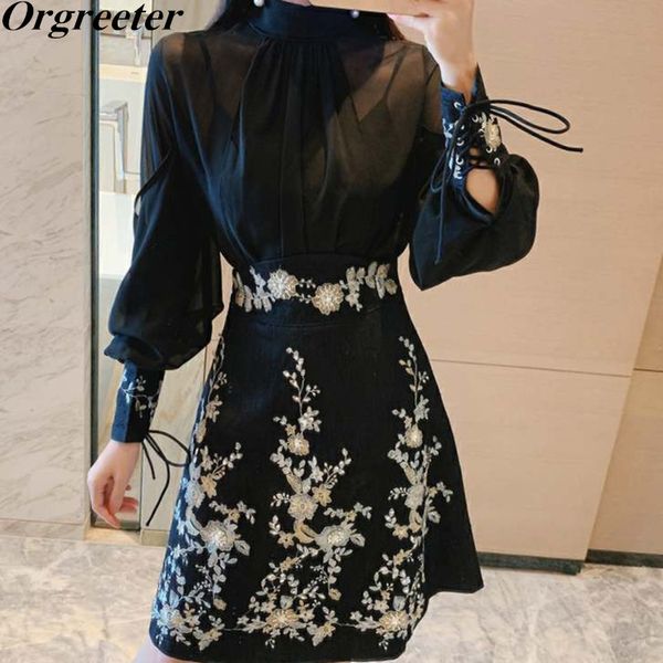

ladies luxury embroidery beaded chiffon shirt and skirt two piece sets vestidos women spring fall temperament suits 210525, White