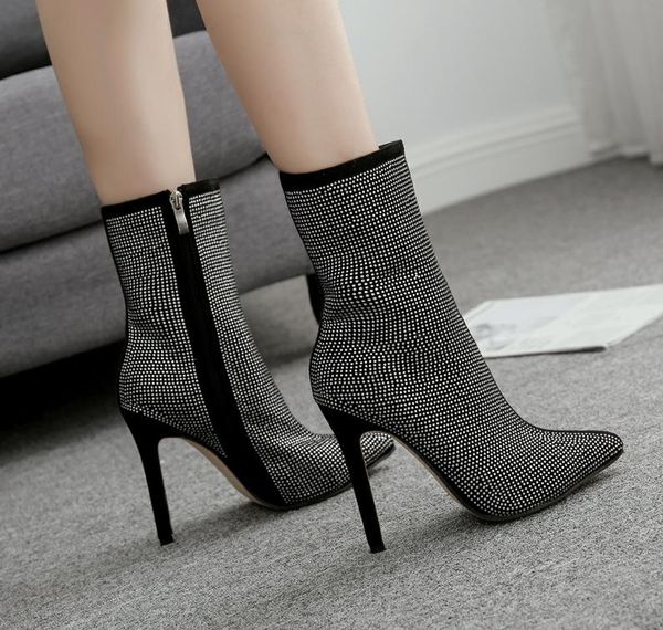 

boots women 2021 pointe shoes winter footwear crystal luxury designer round toe zipper pointy rhinestone fashion autumn high, Black