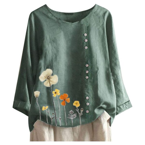 

women's blouses & shirts vintage cotton linen blouse women long sleeve buttons down casual floral print blusas cehmise plus size tunic, White