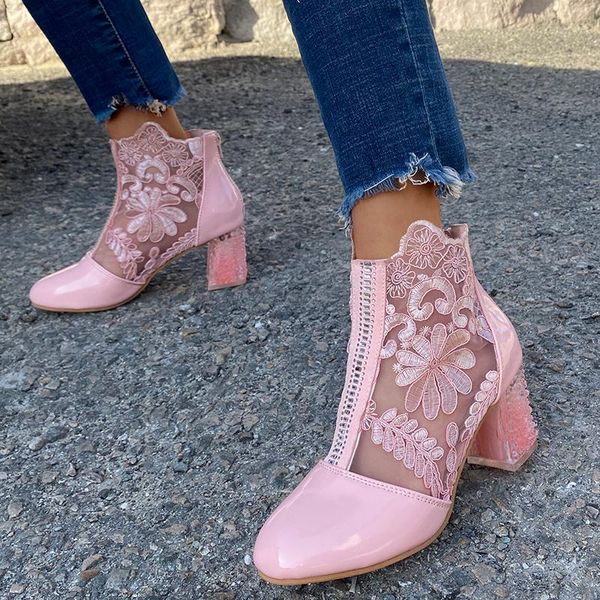 

boots 2021 woman mesh black ankle for women summer square heels sandal ladies round toe lace o478