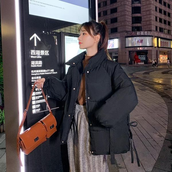 

women's down & parkas regular hoodless cotton coat women loose korean version of small bread clothes waist casual winter fashion, Black