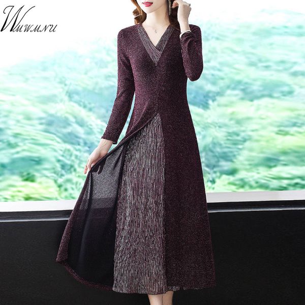 

Mom Plus SIze Slim Long Dress Women Spring V-neck Sexy Female long-sleeved dress Fashion elegant Ladies Office Wark Dress Party, Purple