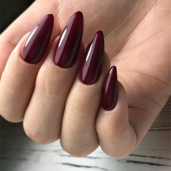 

shiny dark brownartificial fake fingernails for design short stiletto false nails diy salon tips manicure tools1, Red;gold