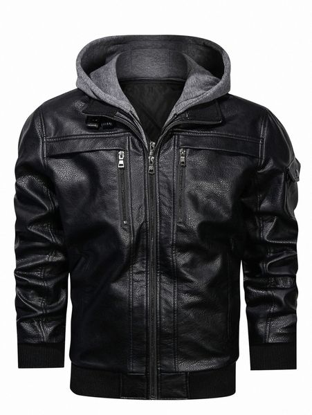 

men solid zip front hooded pu jacket n8zk#, Black;brown