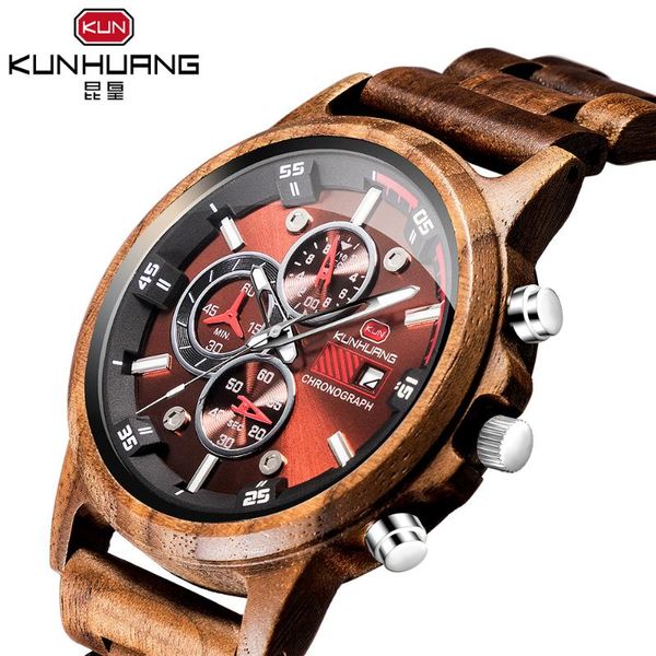 

wristwatches handmade natural wooden watches chronograph date sport mens watch with japanese movement for gift, Slivery;brown