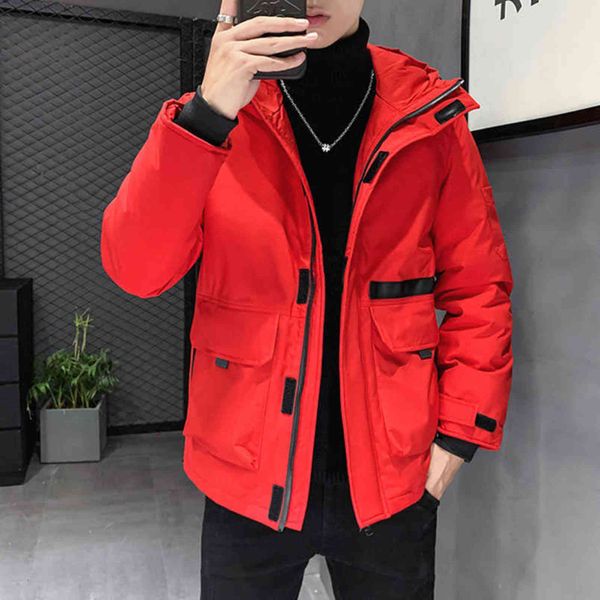 

hooded winter 90% white duck down jacket men quilted thick parkas cargo coat puffer male waistcoat pocket parka 2021 y1103, Black