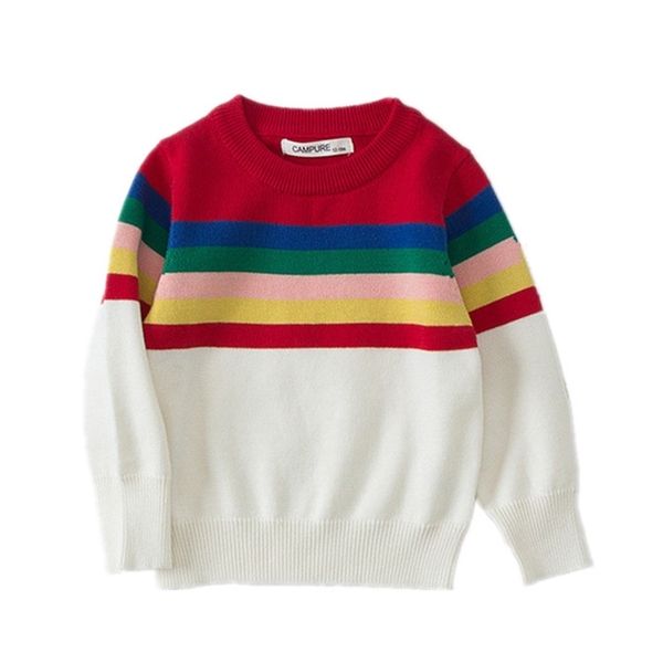 Manga Longa Rainbow Striped Knit Kids Sweater Infantil Bebé Bebé Pulôver Boy Boy Casaco de Algodão Infantil Roupas 1-7Y 210521