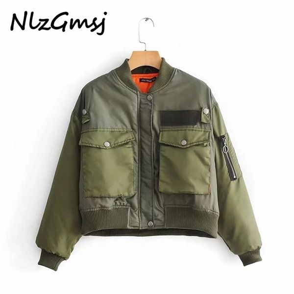 Nlzgmsj Za Frauen Militärgrün Moto Biker Bomber Pilot Jacke Cropped Top Langarm Weibliche Übergroßen Mantel Oberbekleidung Chaquetas 211029