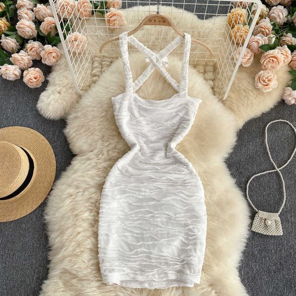 

black/white draped bodycon dress women club party criss-cross spaghetti strap vestidos elegant open back mini robe summer y0603, Black;gray