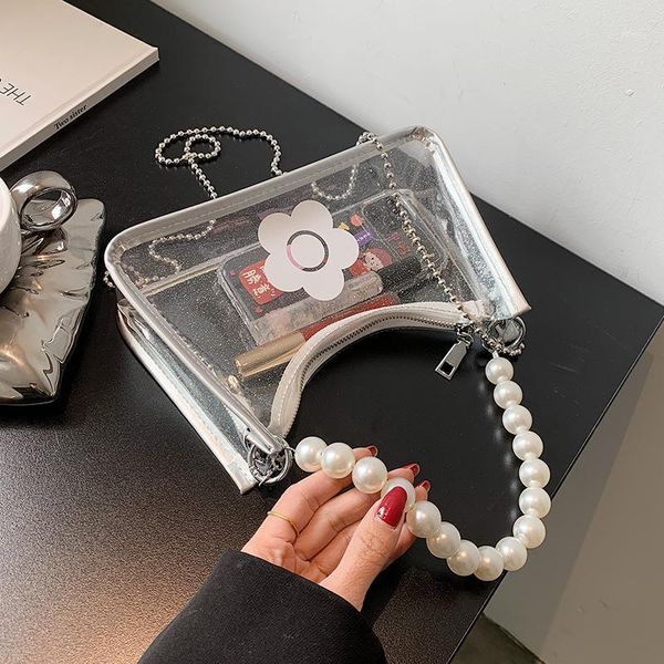 

evening bags niche design summer transparent bag female fashion chain pearl handbag square underarm dual-use1