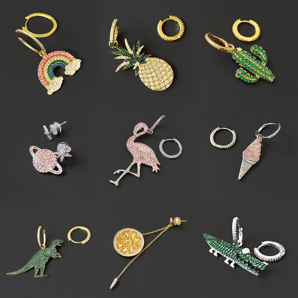 

s925 sterling silver single orange ear stud circle hoop asymmetric rainbow ice cream crocodile cactus earring personality fashion luxury jew, Golden;silver