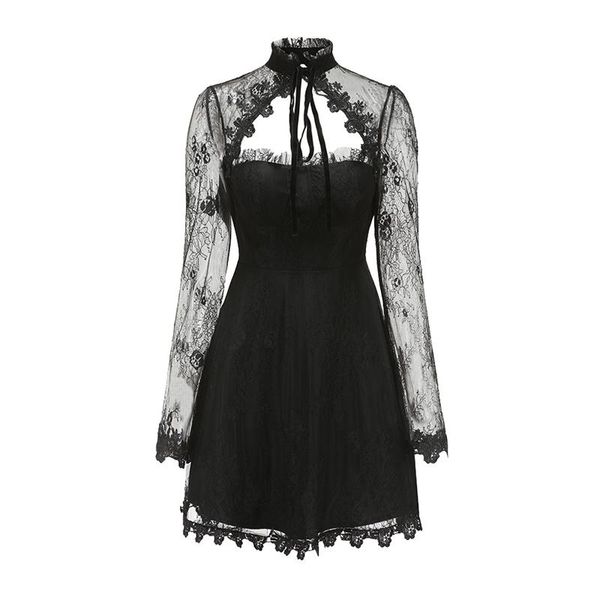 

casual dresses perhaps u black long sleeve stand collar lace up a line mini dress elegant d1682, Black;gray