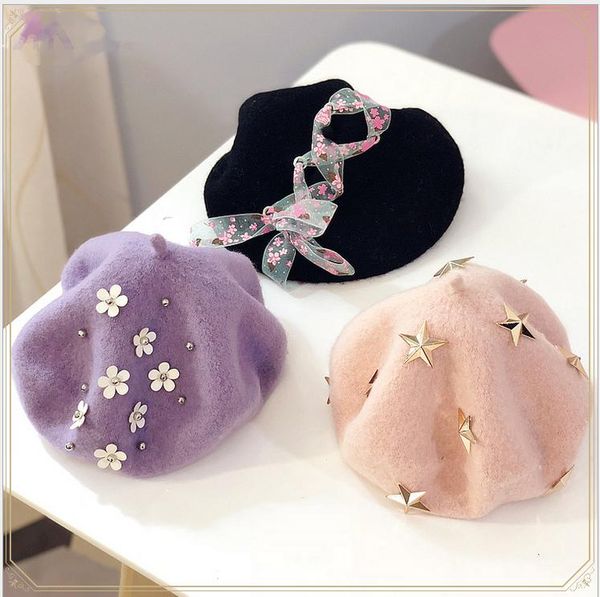 

fashion kids girls winter warm beanie hats with flower ribbon star wool caps for school casual wear baby hat &, Yellow
